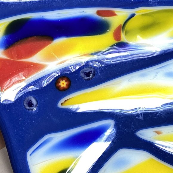 Handmade Fused Art Glass Trinket Tray Ring Dish Catch All Red Yellow Blue 6x6 - Picture 5 of 12